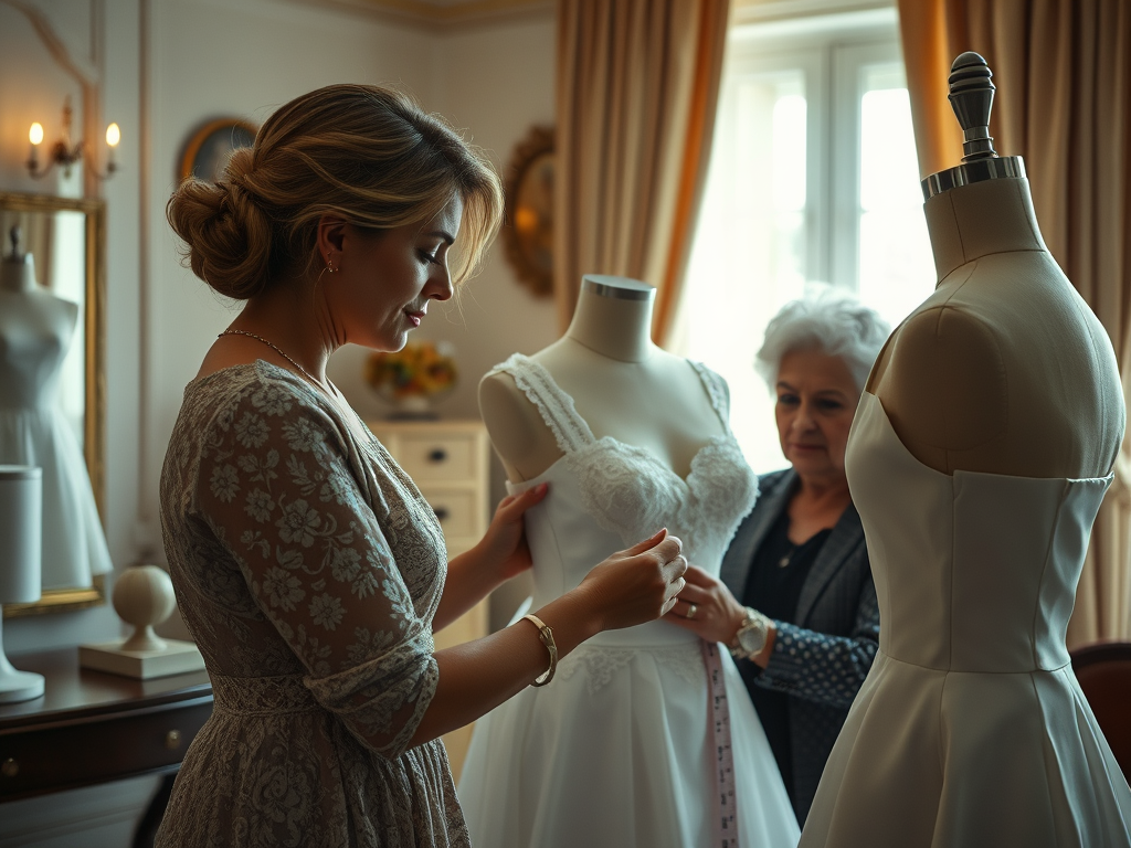 A seamstress adjusting a grandmother-of-the-bride dress in a high-end tailor’s studio, ensuring the perfect fit for the big day.