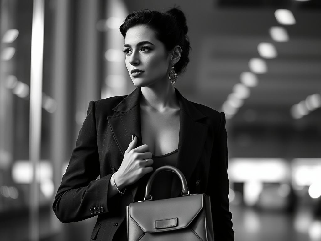 A stylish woman in modern interview attire, incorporating personal style while maintaining professionalism.