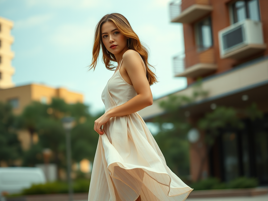 A stylish woman with a pear-shaped body wearing an A-line summer dress, balancing her proportions beautifully.