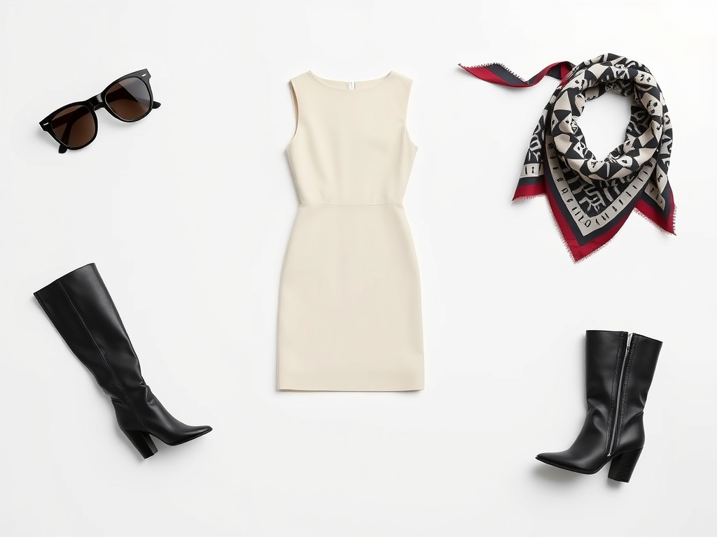 A modern flat-lay of 1960s-inspired wardrobe essentials, featuring a shift dress, oversized sunglasses, knee-high boots, and a headscarf.