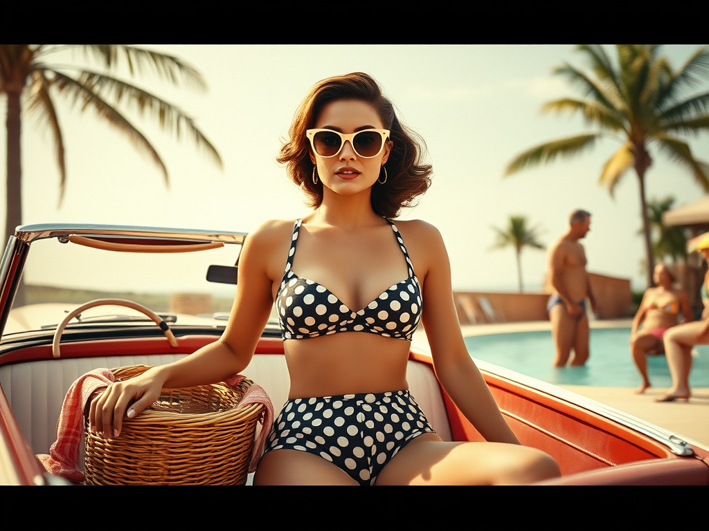 A cinematic triptych showcasing the history and resurgence of high-waisted swimwear across three eras. On the left, a 1950s beach scene features a woman in a polka-dot high-waisted bikini, cat-eye sunglasses, and a headscarf, posing on a striped towel with a vintage convertible and picnic basket in the background. The center depicts a vibrant 1980s pool party, with a woman in neon high-waisted swimwear laughing by a geometric pool, surrounded by palm trees and a boombox. On the right, a modern golden-hour beach scene shows a diverse group of women in stylish high-waisted bikinis, posing confidently with chic cover-ups and accessories, the ocean glistening behind them. The transitions between eras are seamless, with shared motifs like seashells and waves, creating a cohesive celebration of timeless fashion and body positivity.