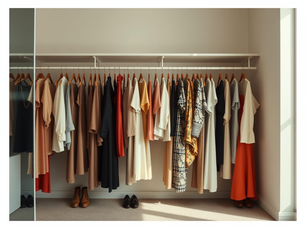 A chic, well-organized wardrobe filled with stylish clothing for apple-shaped women, designed in a modern editorial aesthetic.
