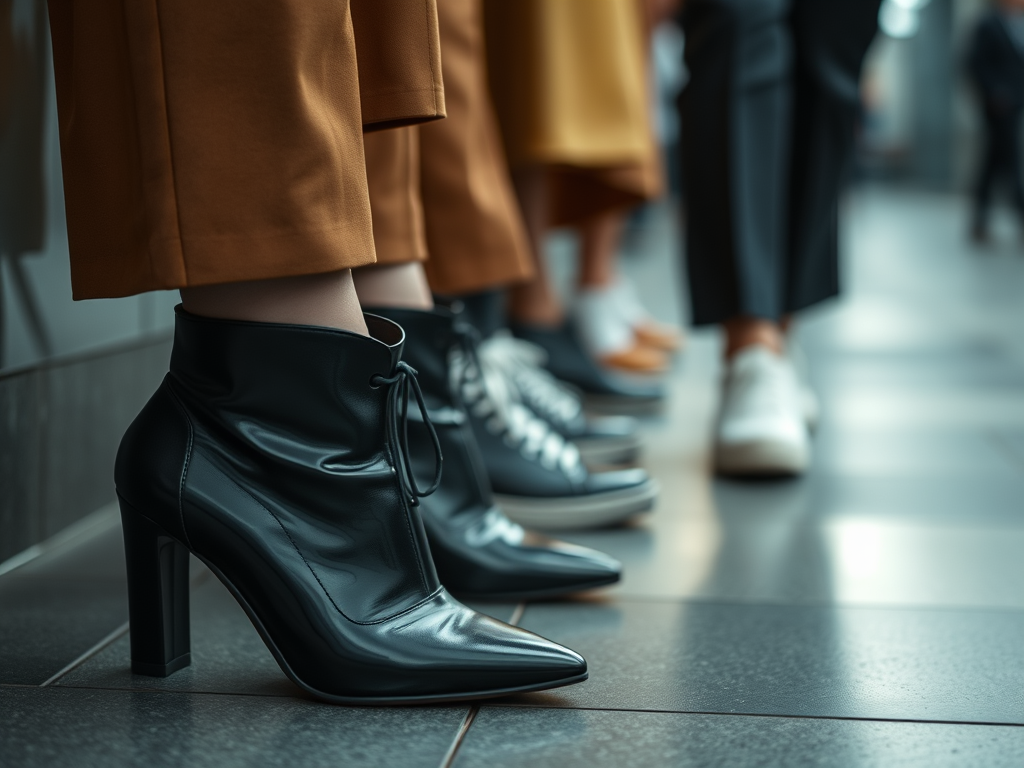 A close-up of various shoe options styled with wide-leg trousers, including heels, boots, sneakers, and sandals.