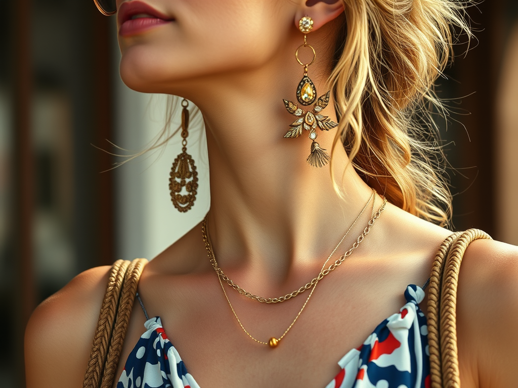 A close-up of trendy accessories, including jewelry and a handbag, styled with a summer dress for a polished look.
