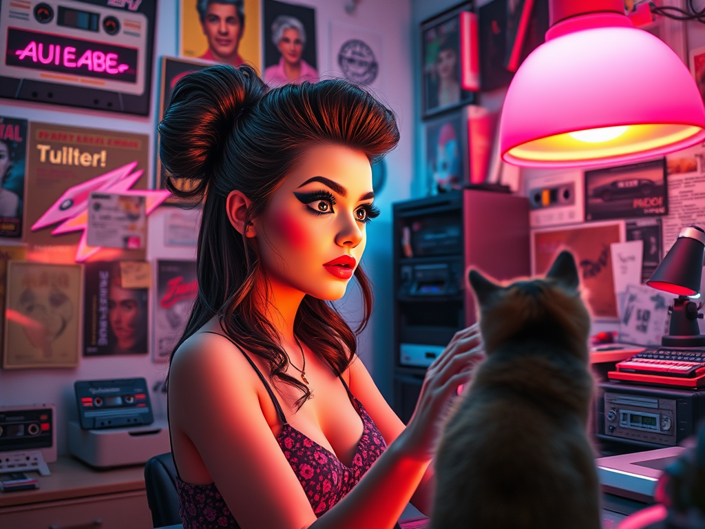 A young woman with big 80s hair and bold makeup getting ready in a cozy, colorful bedroom filled with retro posters and cassette tapes, in a whimsical Ghibli style.