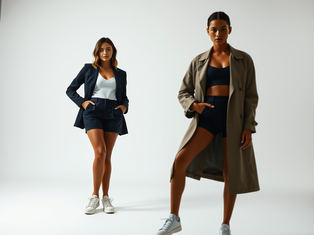 A confident woman stands against a clean white studio backdrop, mixing unexpected summer fashion pieces like a blazer with shorts or sneakers with a sleek dress. The bold lighting and powerful pose embody modern style freedom.