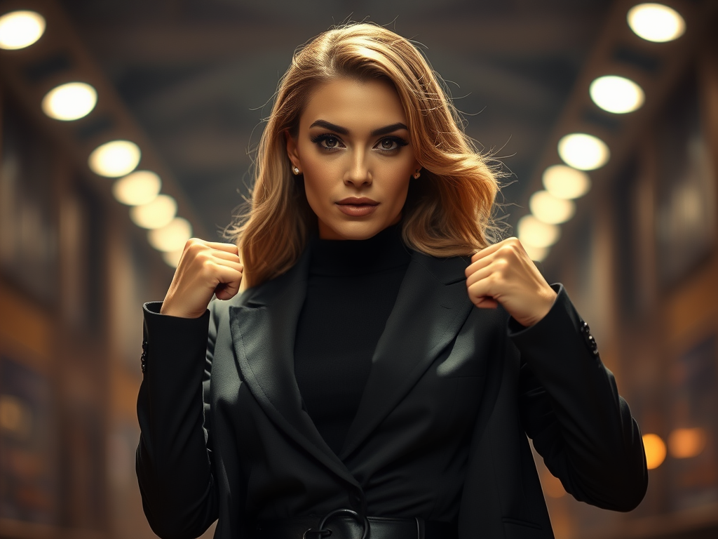 A confident woman in a power pose, wearing a chic outfit that celebrates her apple-shaped figure in a fashion magazine-inspired aesthetic.