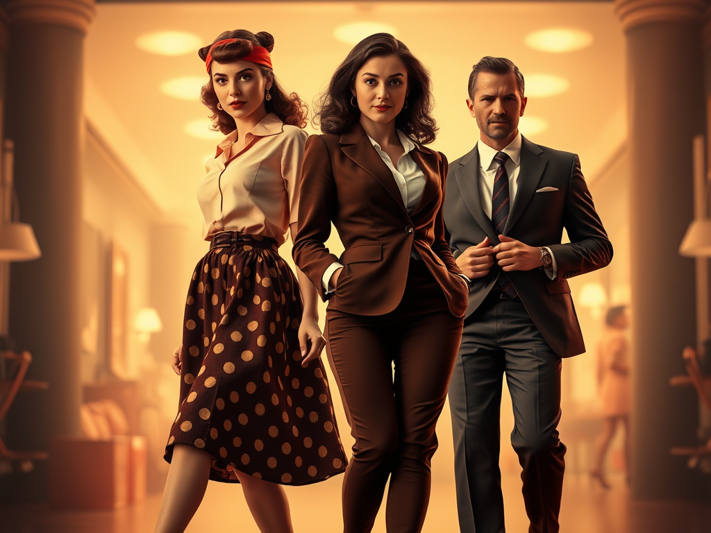 A split-fashion editorial image showcasing the evolution from 1950s poodle skirts to modern power suits, with contrasting backgrounds representing past and present fashion.