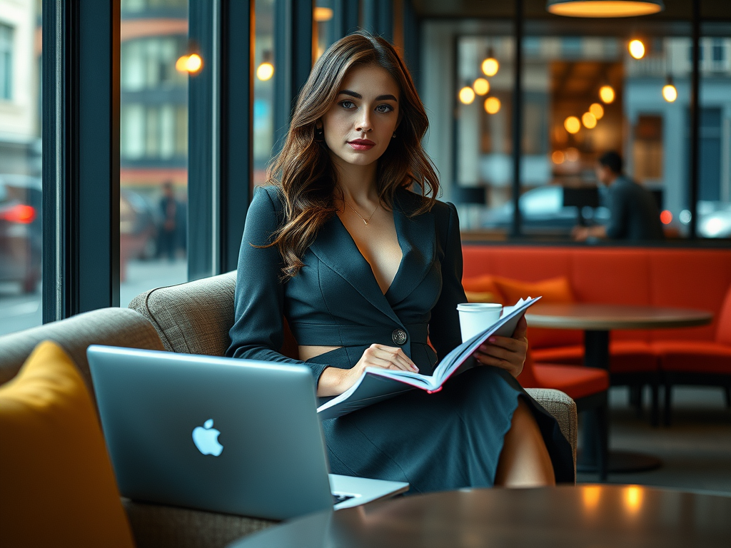 A stylish woman in a modern co-working space wearing a fashionable office dress while working on her laptop with a confident presence.