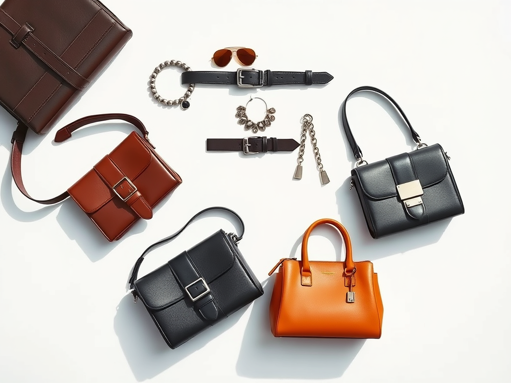 A curated flat-lay of stylish accessories that elevate apple shape fashion, designed in a modern magazine aesthetic.