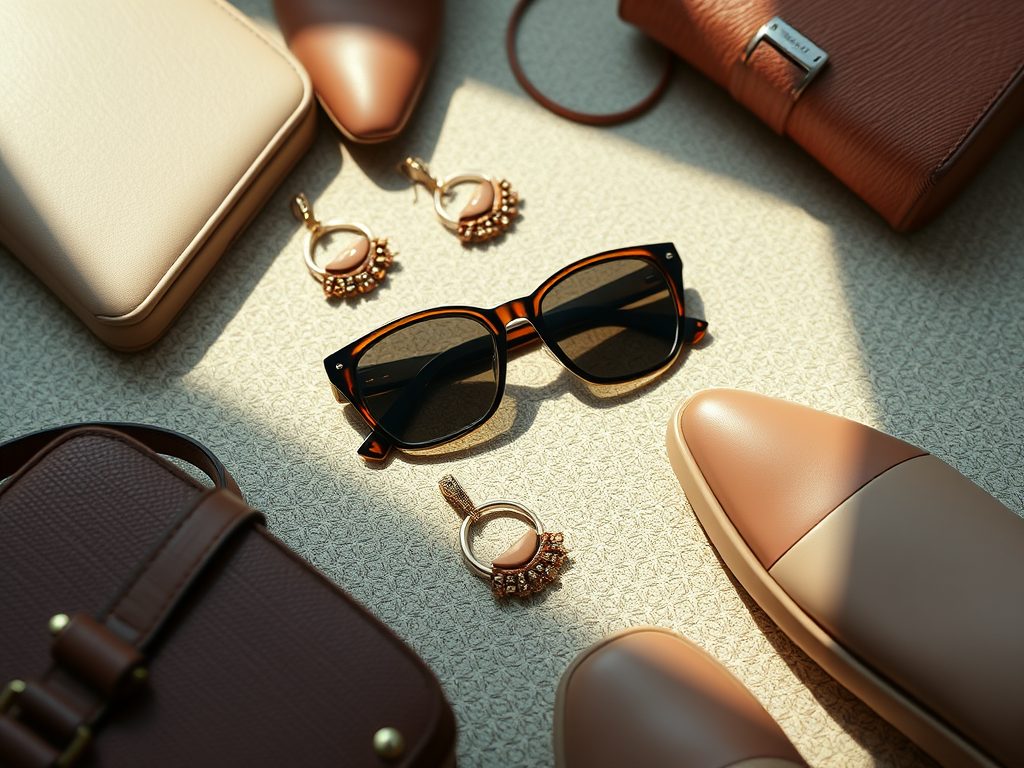 A flat-lay shot of stylish spring accessories, including sunglasses, statement earrings, and handbags, demonstrating how to elevate any outfit.