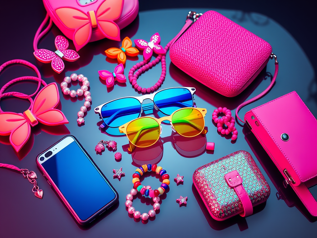 Flat lay of Y2K accessories, including butterfly clips, chunky rings, beaded necklaces, and tiny sunglasses.

