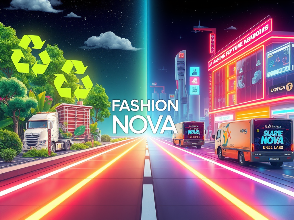 A futuristic image showing the two possible futures of fast fashion—sustainability or continued mass production—with Fashion Nova at the center.