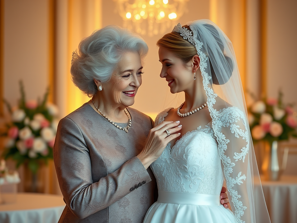 A grandmother and bride sharing a heartfelt moment, symbolizing love, legacy, and elegance in wedding fashion.