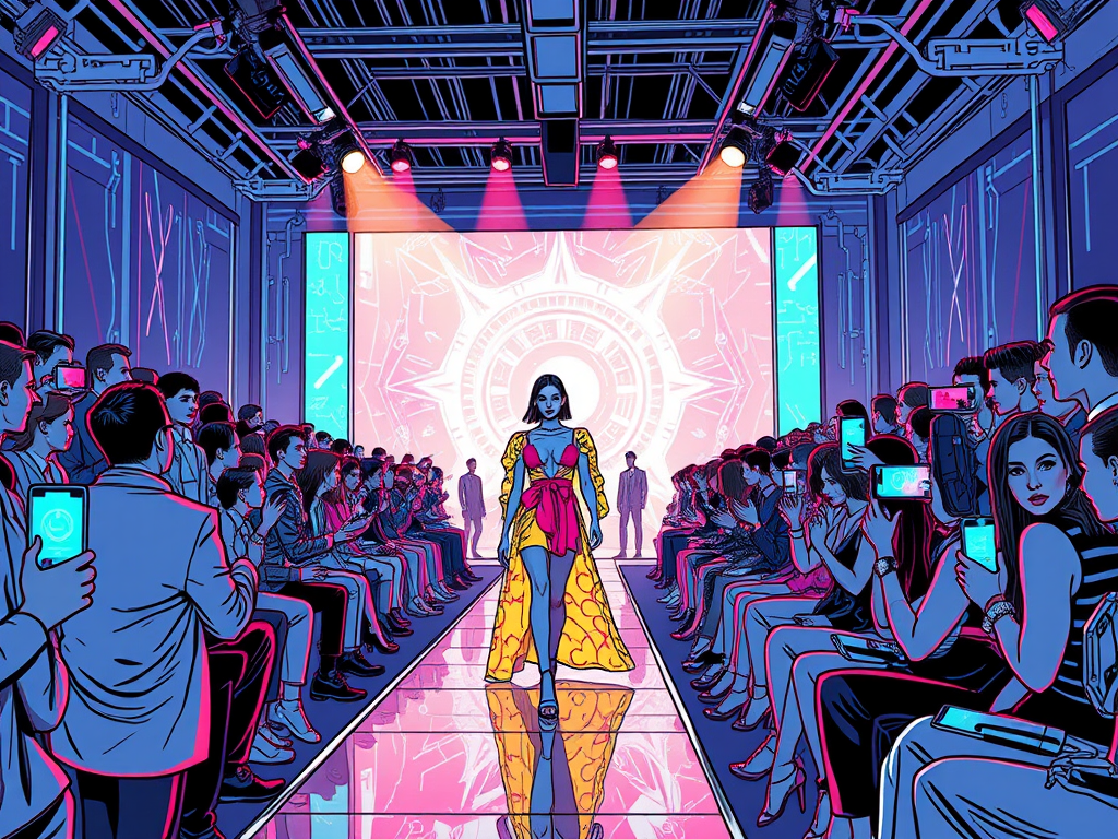 A futuristic fashion runway event with avant-garde outfits, immersive holographic backdrops, and an excited audience.