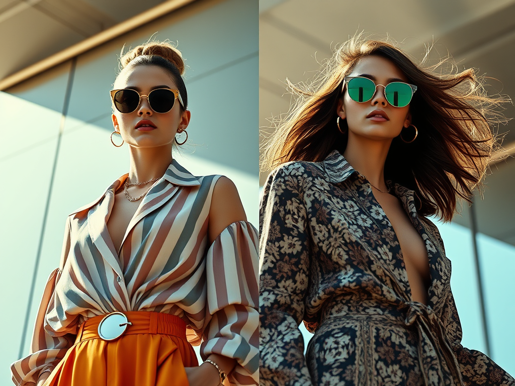 Side-by-side comparison of two summer outfits—one trendy and modern with airy fabrics and bold colors, the other outdated and impractical. Models pose against a sleek, sunlit backdrop, highlighting effortless summer chic versus fashion faux pas.