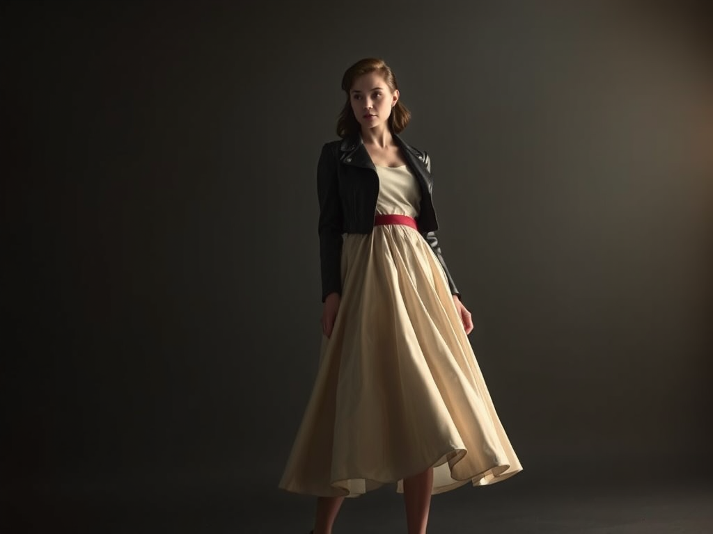 A fashion editorial image featuring two models in 1950s-inspired outfits—one in a classic tea-length dress, the other in a rebellious leather jacket and pencil skirt. The lighting and colors create a modern, elegant take on vintage style.