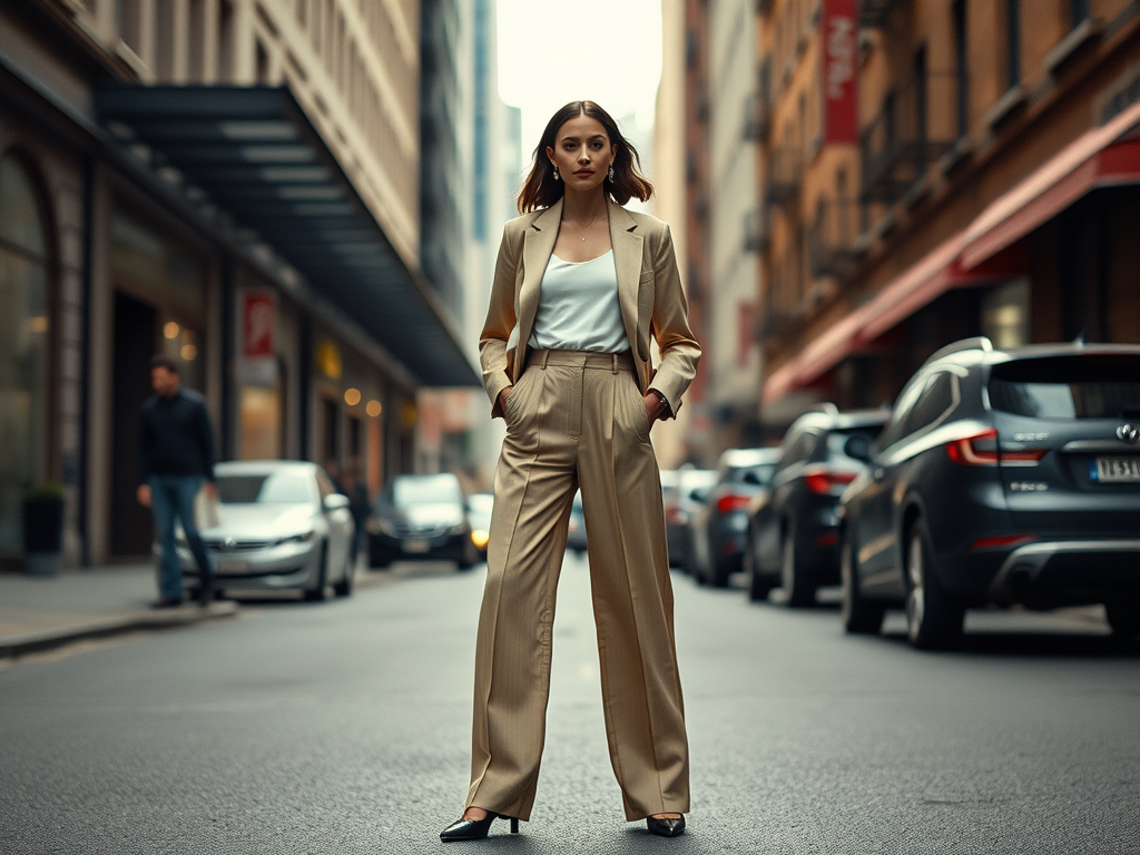 A confident woman walking in wide-leg trousers, exuding effortless style and elegance in a chic urban setting.