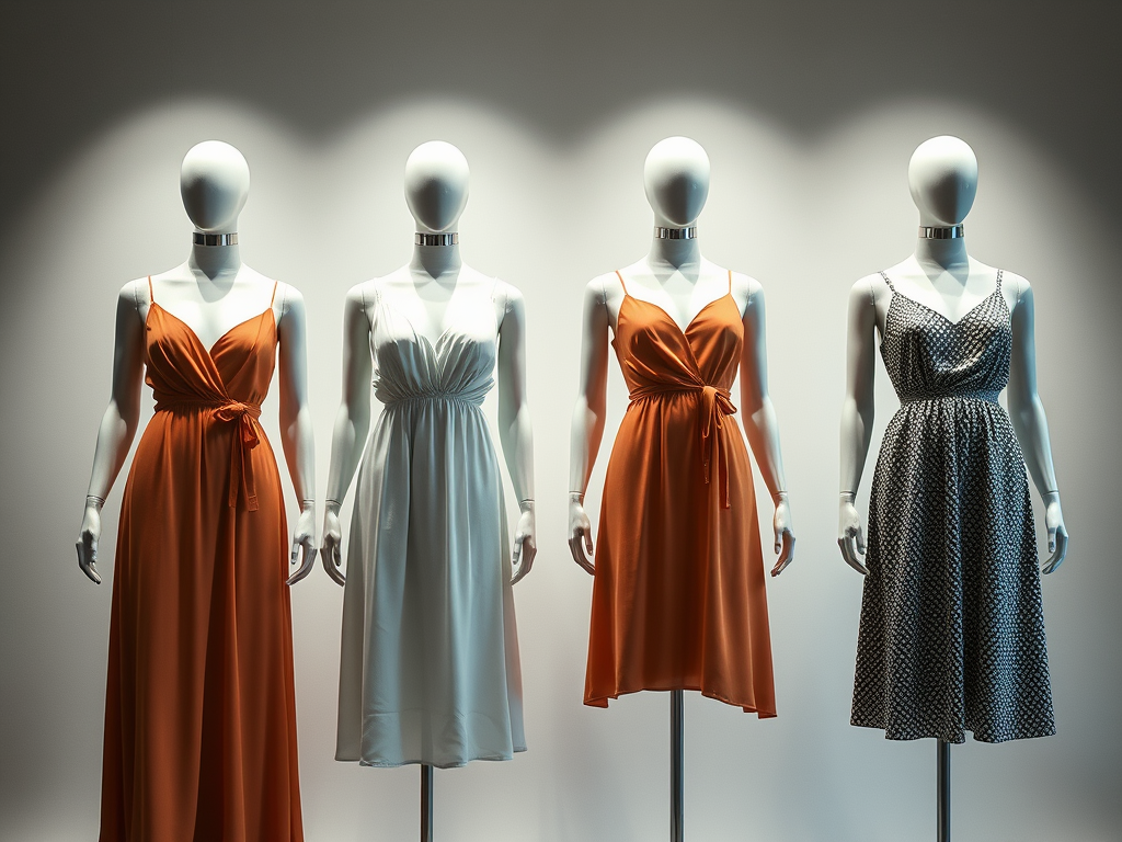 Four mannequins displaying different summer dress styles, each designed to flatter a unique body type.