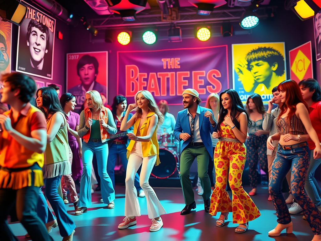 A vibrant 1960s music festival scene with young people dancing in mod and psychedelic outfits, inspired by rock and pop culture.