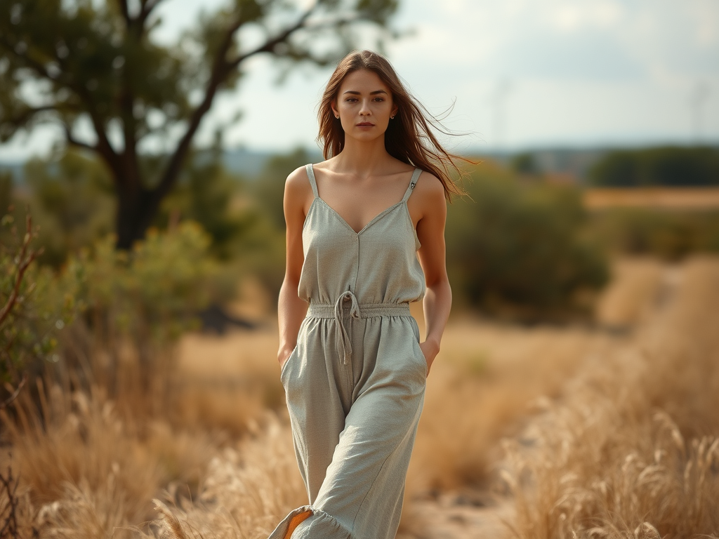 A model wearing a sustainable spring outfit, standing in nature, promoting eco-friendly fashion choices with a fresh, minimal aesthetic.