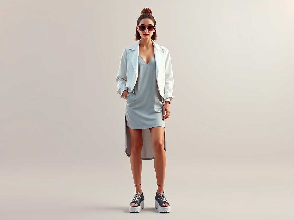Fashion portrait of a model in a fusion of 90s and modern styles, featuring platform shoes, a slip dress, and vintage sunglasses.