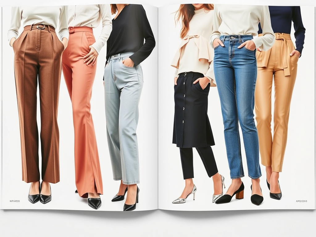 A curated fashion magazine layout displaying stylish bottoms that complement apple-shaped bodies.