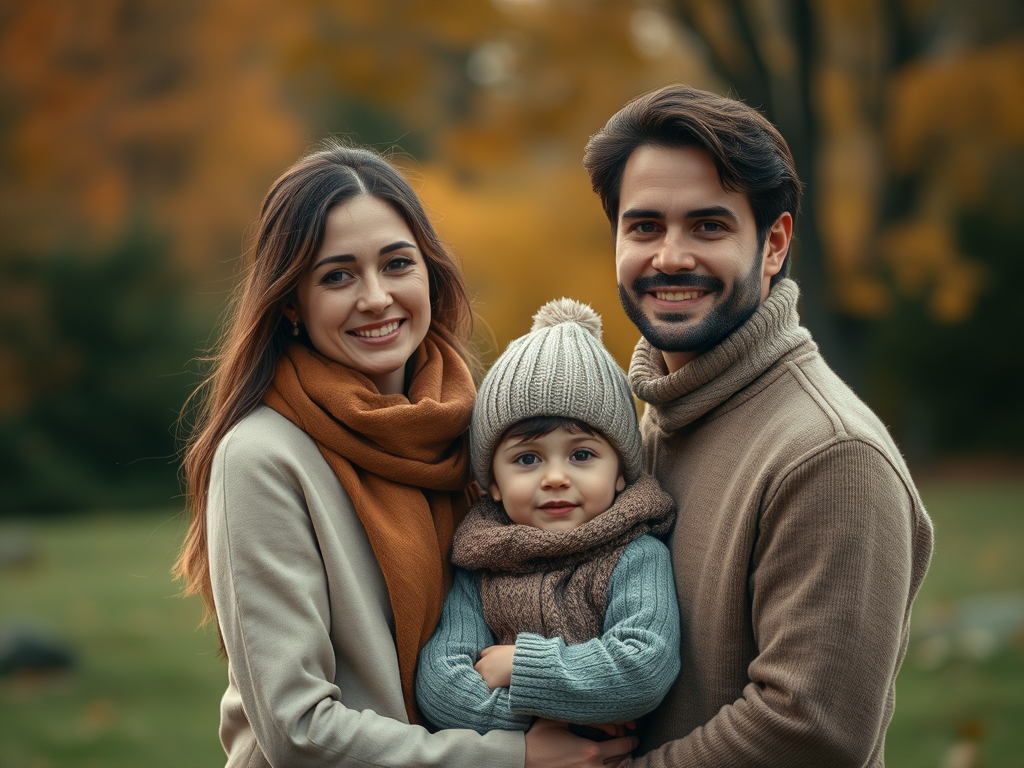 A well-dressed family in neutral and classic fall tones posing naturally in an elegant outdoor autumn setting, ensuring a timeless look.