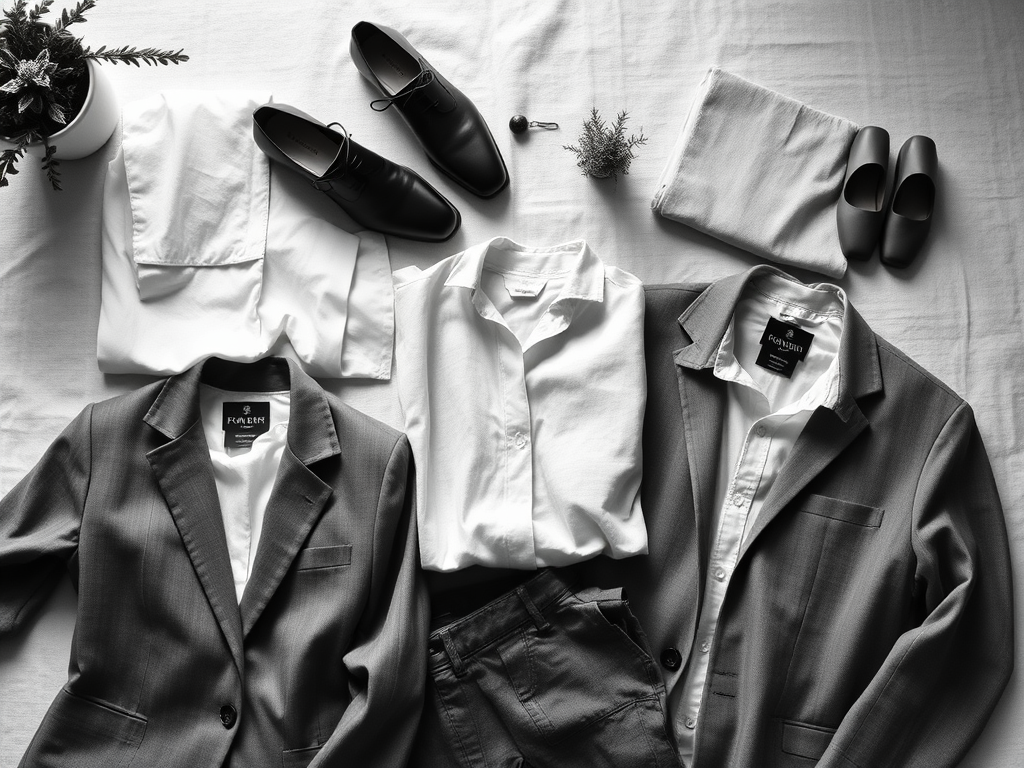 A flat lay of sustainable interview attire, featuring eco-friendly fabrics and ethical fashion choices.