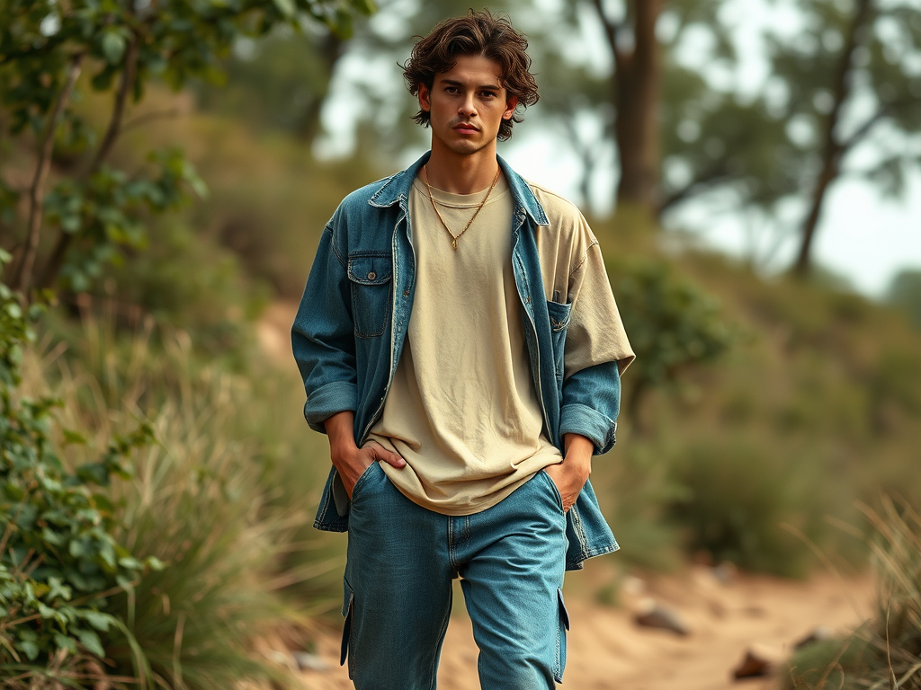 Fashion shot of a model in sustainable 90s-inspired clothing, featuring recycled denim, an oversized cotton T-shirt, and eco-friendly sneakers.