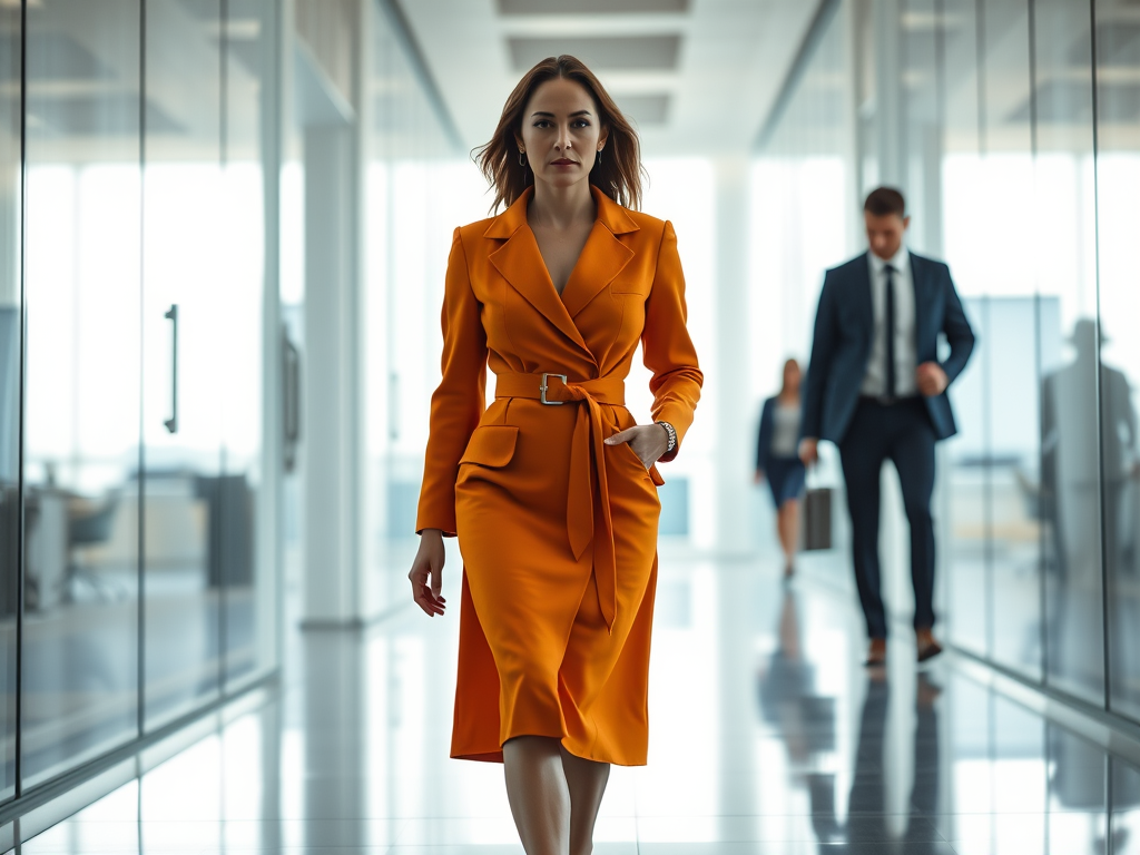 A confident woman in a tailored, boss-worthy office dress walking through a sleek, modern office space with purpose.
