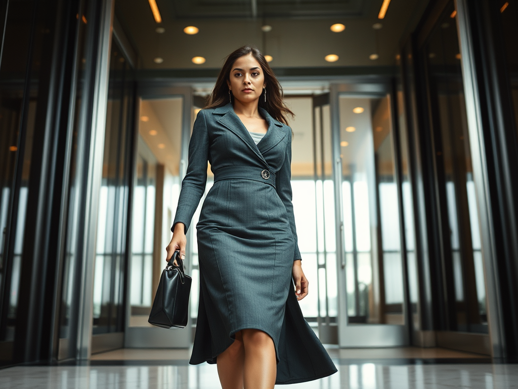 A confident woman in a stylish work dress stepping into an office building with a poised and powerful presence.