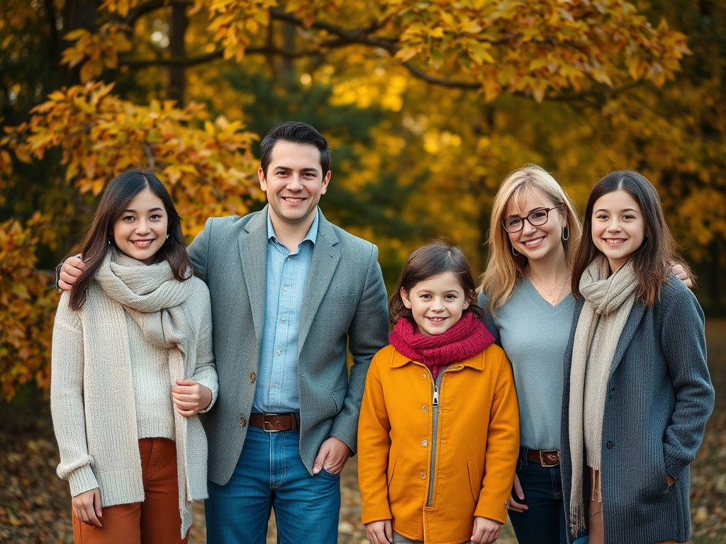 A stylish group portrait featuring families of different sizes, all dressed in chic, well-coordinated fall outfits in a scenic autumn setting.