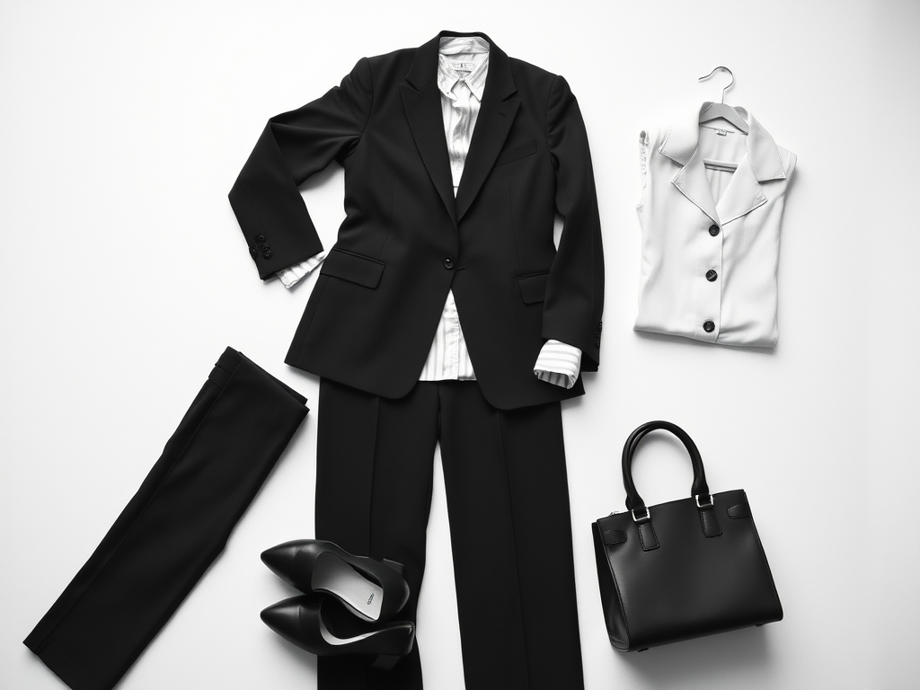 A flat lay of modern interview attire essentials, showcasing fit, fabric, layering, and professional style.