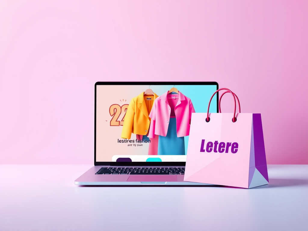 Laptop screen displaying a Y2K fashion store, with a shopping bag nearby, symbolizing online and in-store retro shopping.