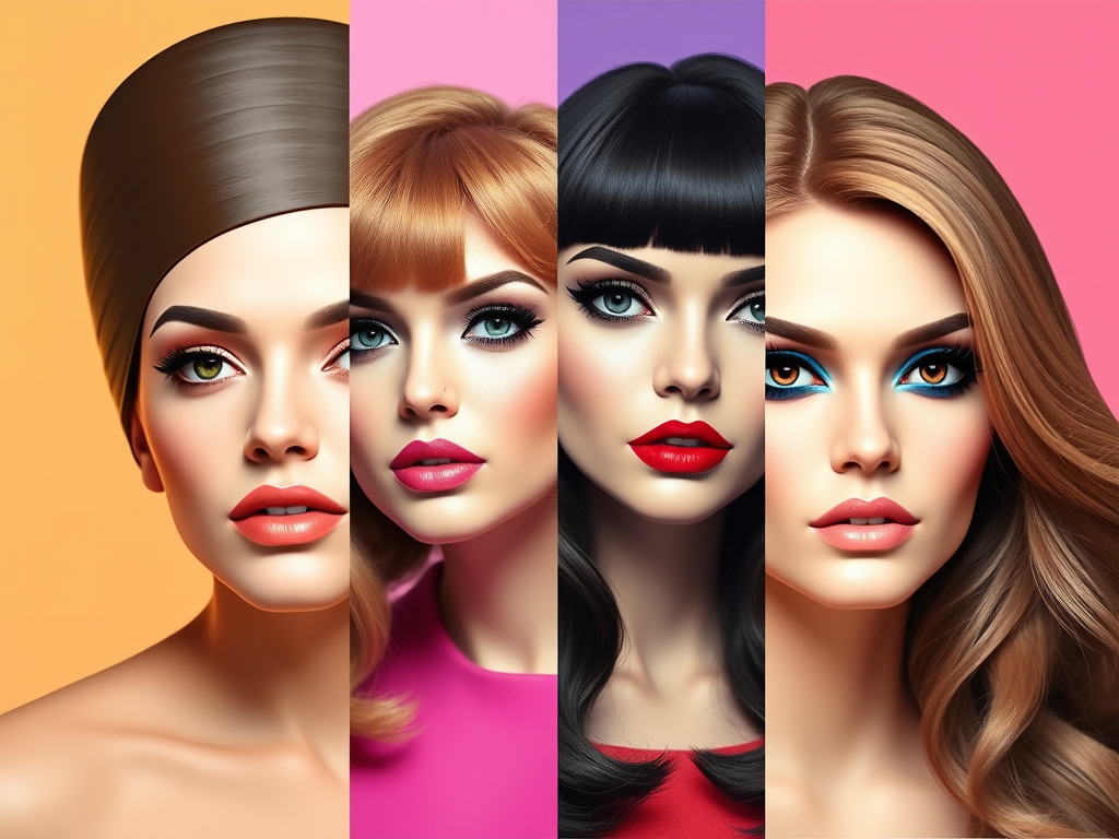 A split-screen showcasing iconic 1960s beauty looks, including the beehive, mod bob, hippie hair, and bold eye makeup.