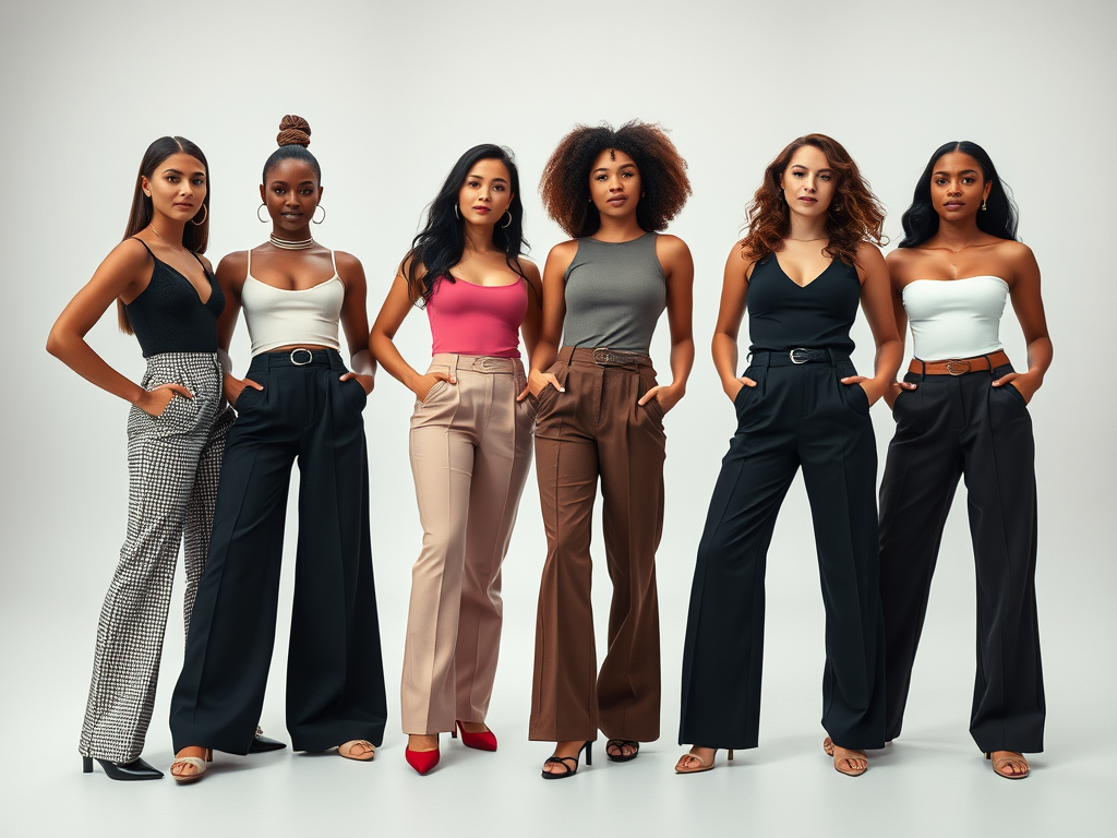 Diverse models wearing wide-leg trousers styled to flatter different body types, showcasing the versatility of the trend.