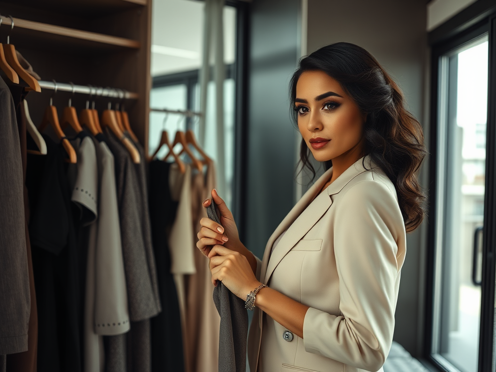 A stylish woman in a modern office setting surrounded by an overflowing wardrobe of workwear, contemplating her outfit choice.