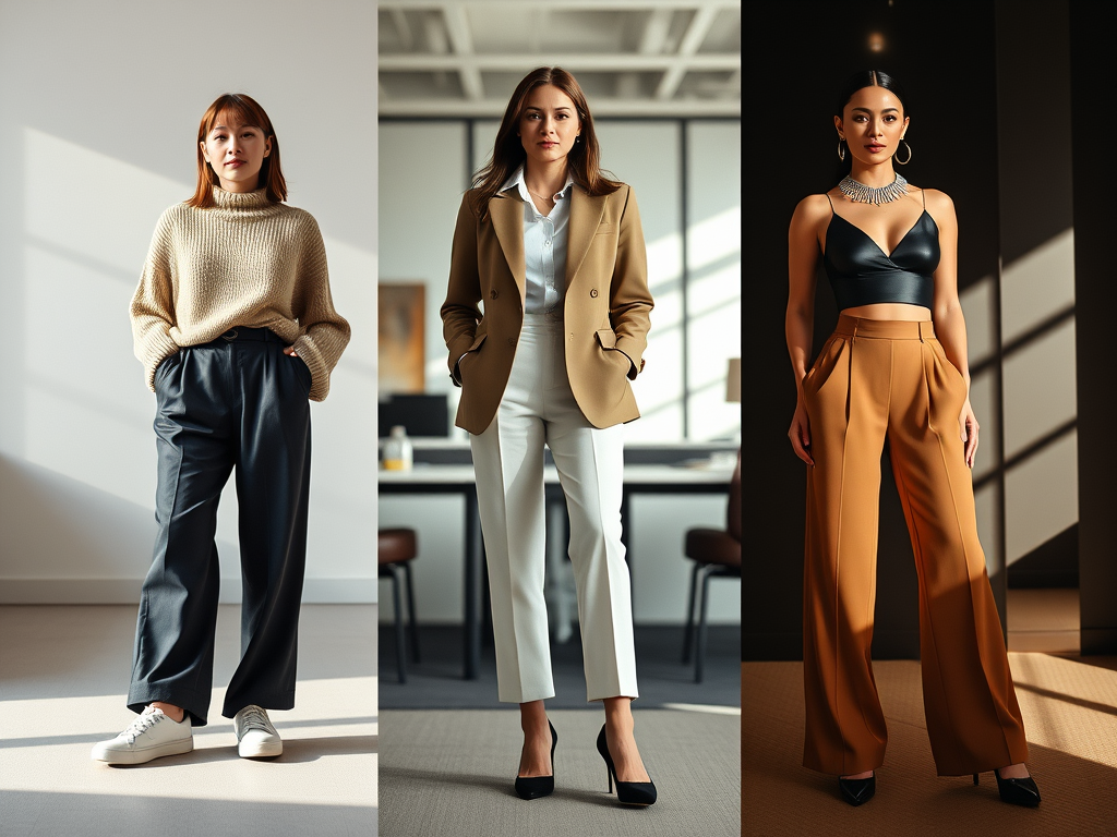 Three outfit ideas featuring wide-leg trousers for casual, work, and evening occasions, showcasing their versatility.