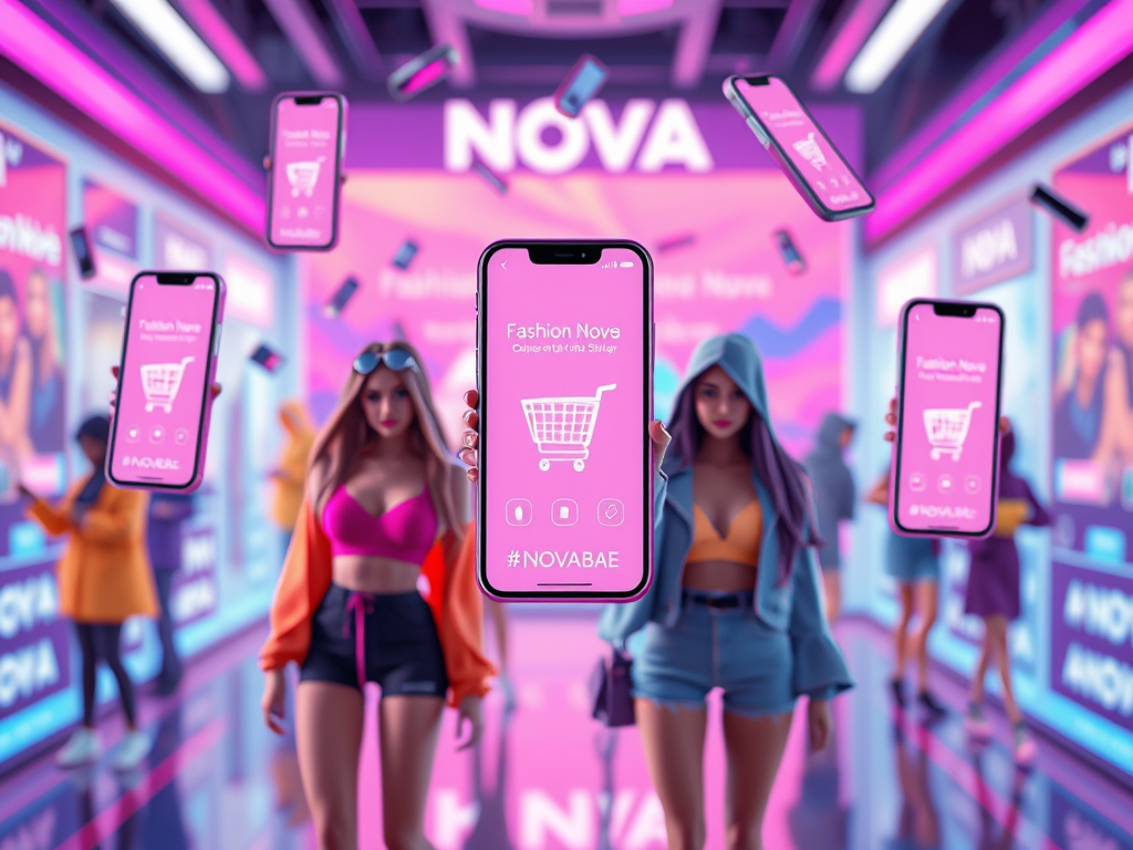 A dynamic image showcasing influencers promoting Fashion Nova on social media, demonstrating the brand’s powerful marketing strategy.