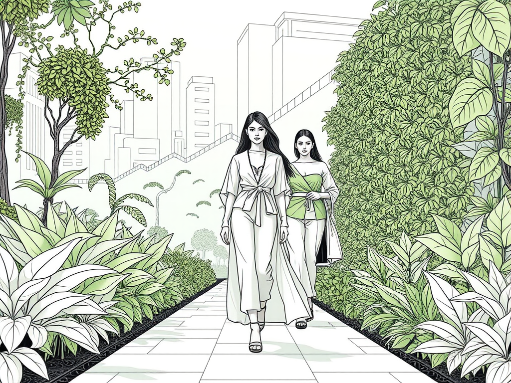 Models in eco-friendly outfits made of sustainable materials, posing in a lush green urban space with vertical gardens.