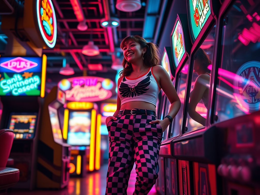 A stylish young woman playing an arcade game in a neon-lit retro arcade, dressed in bold 80s patterns, in a colorful Ghibli-inspired style.