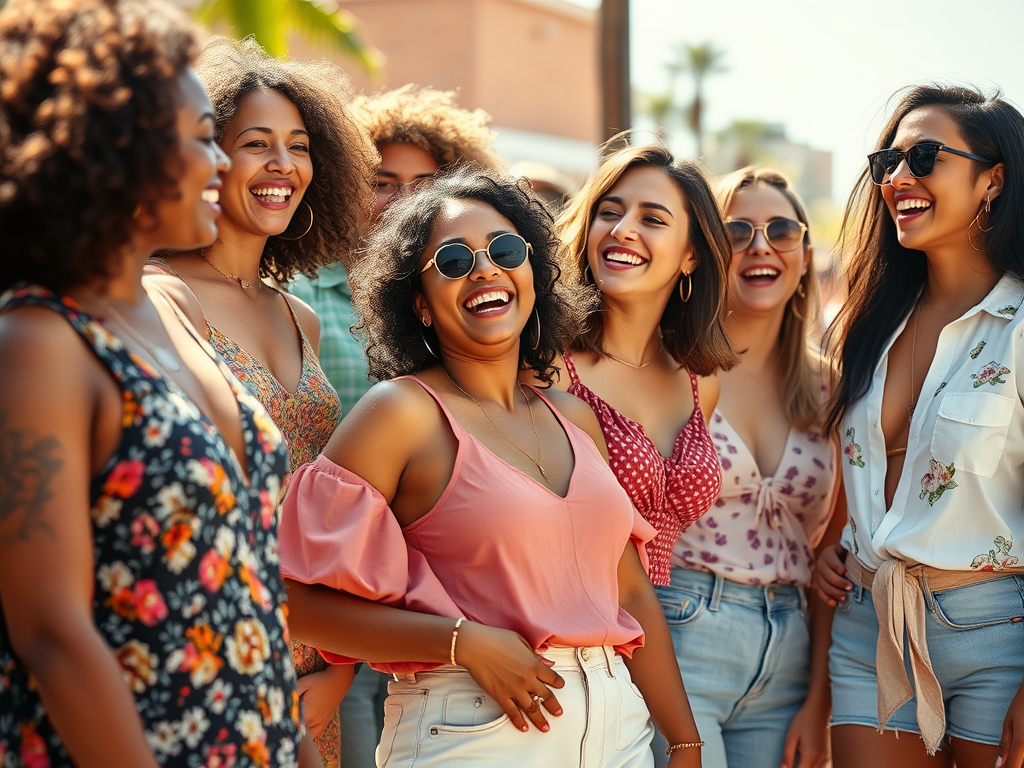 A group of confident, stylish women celebrating summer fashion in diverse outfits that reflect their personal style.