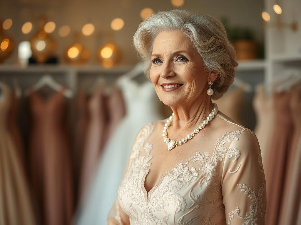 A confident grandmother-of-the-bride wearing an elegant yet budget-friendly dress, with a boutique or online shopping backdrop suggesting affordability and style.