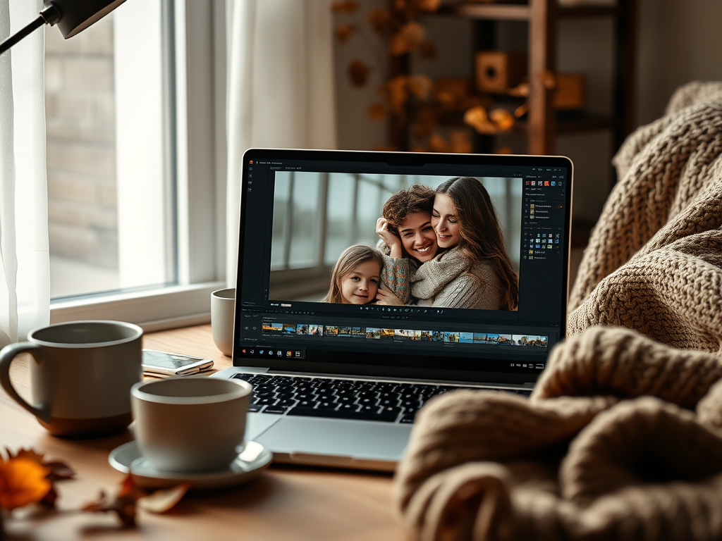 A stylish workspace featuring a laptop editing a fall family portrait, with warm lighting and autumn-inspired details enhancing the scene.