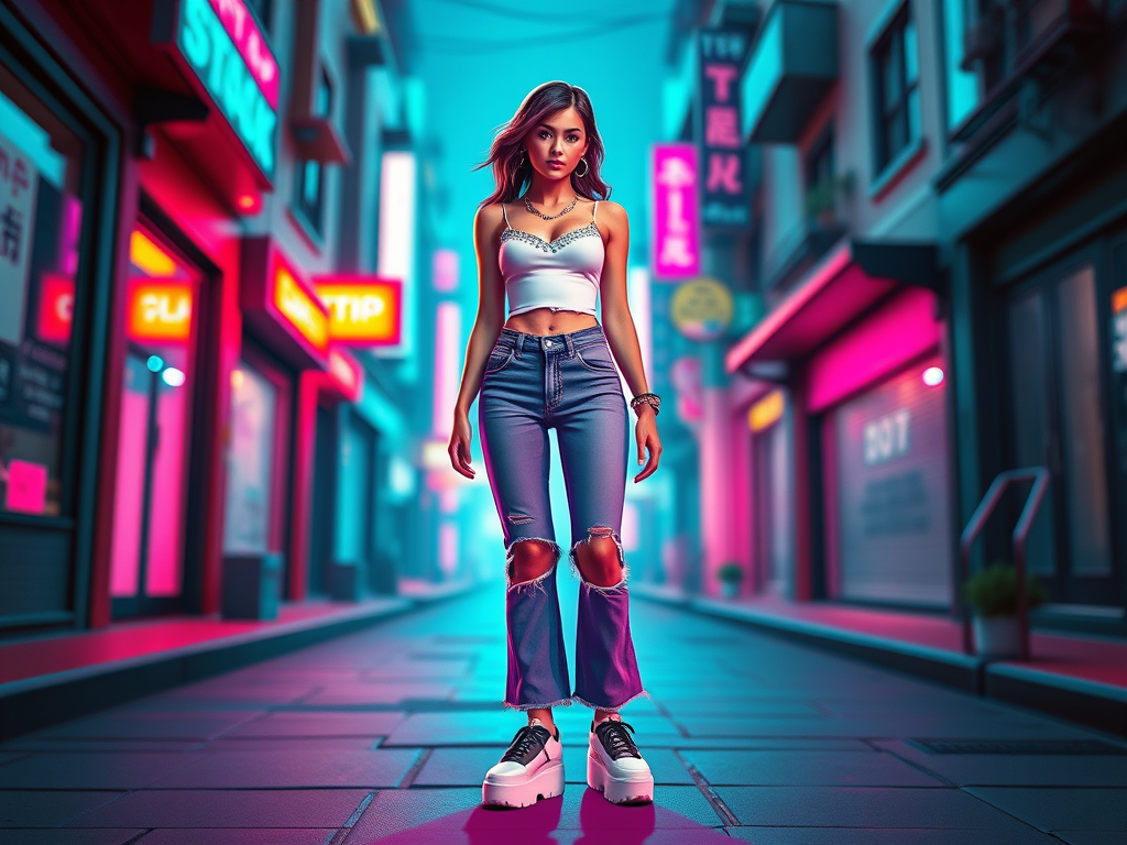 Stylish model in a Y2K-inspired outfit walking through a neon-lit city street, embracing bold 2000s fashion.