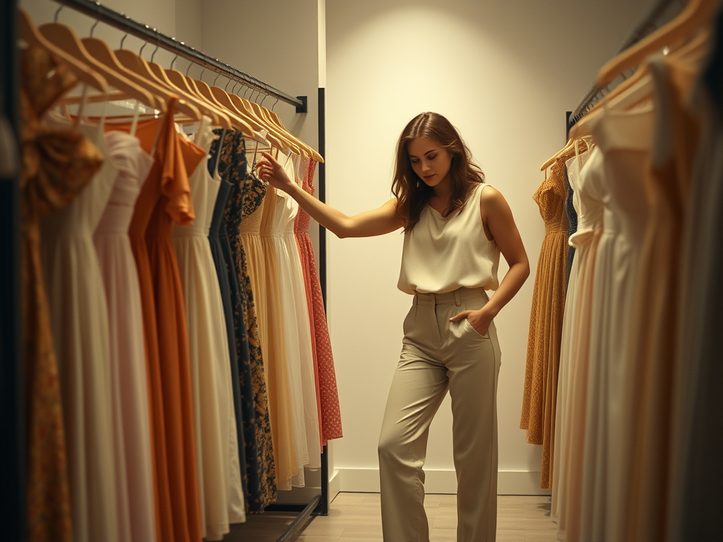 A stylish woman stepping away from a rack of traditional summer dresses, reaching for a chic linen jumpsuit instead. The minimalist boutique setting emphasizes a shift from cliché fashion rules to personal style expression.