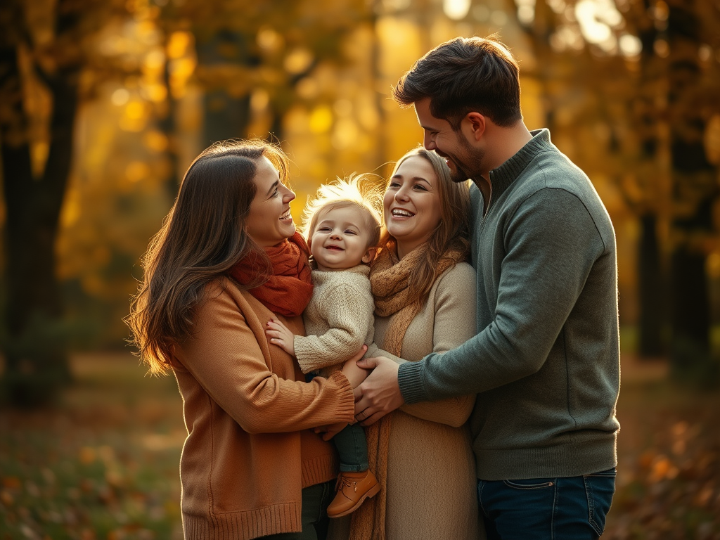 A stylish family dressed in earthy fall outfits, laughing together in a sunlit autumn park, capturing a warm and timeless moment.